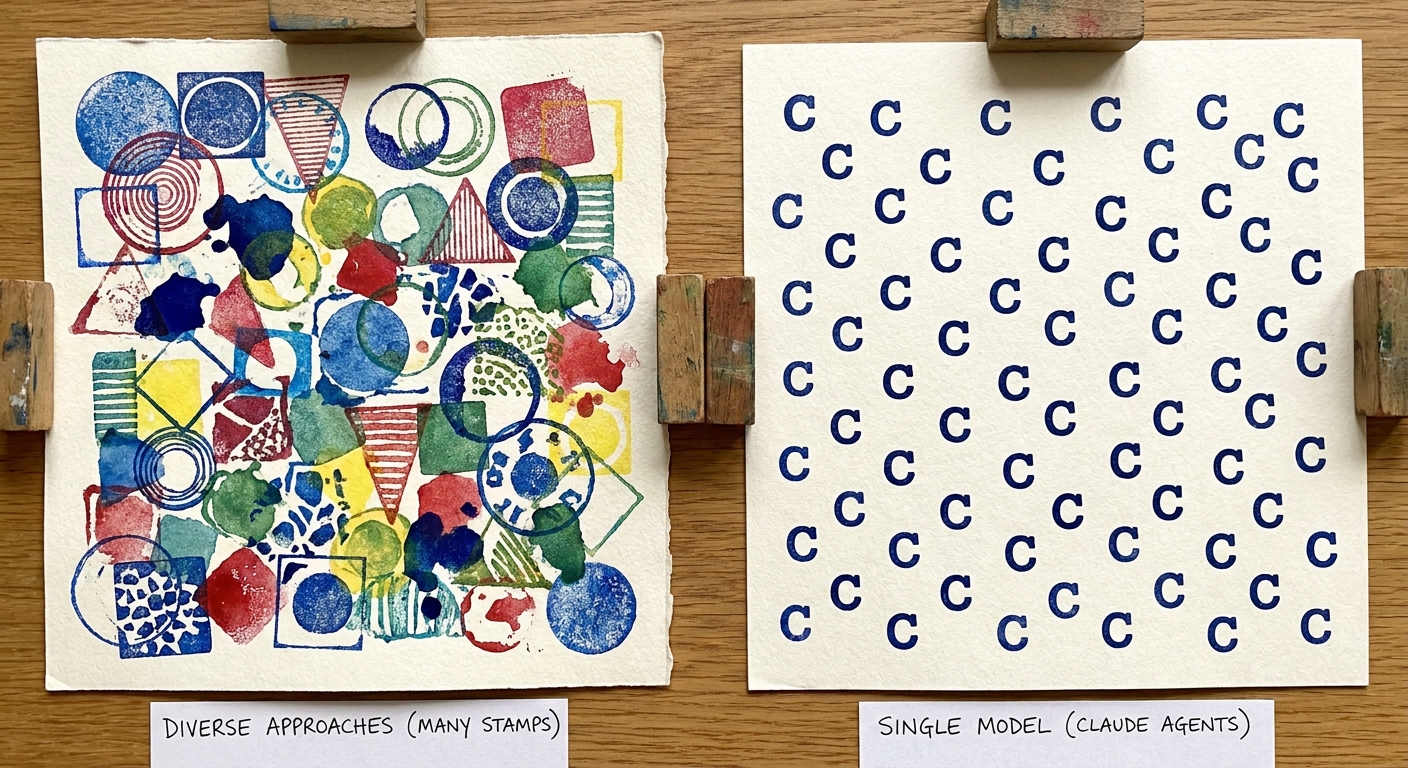 Two watercolor stamp pieces side by side. Left: diverse stamps of many shapes and colors covering the space, labeled Diverse Approaches. Right: repeated C stamps with gaps between them, labeled Single Model (Claude Agents).